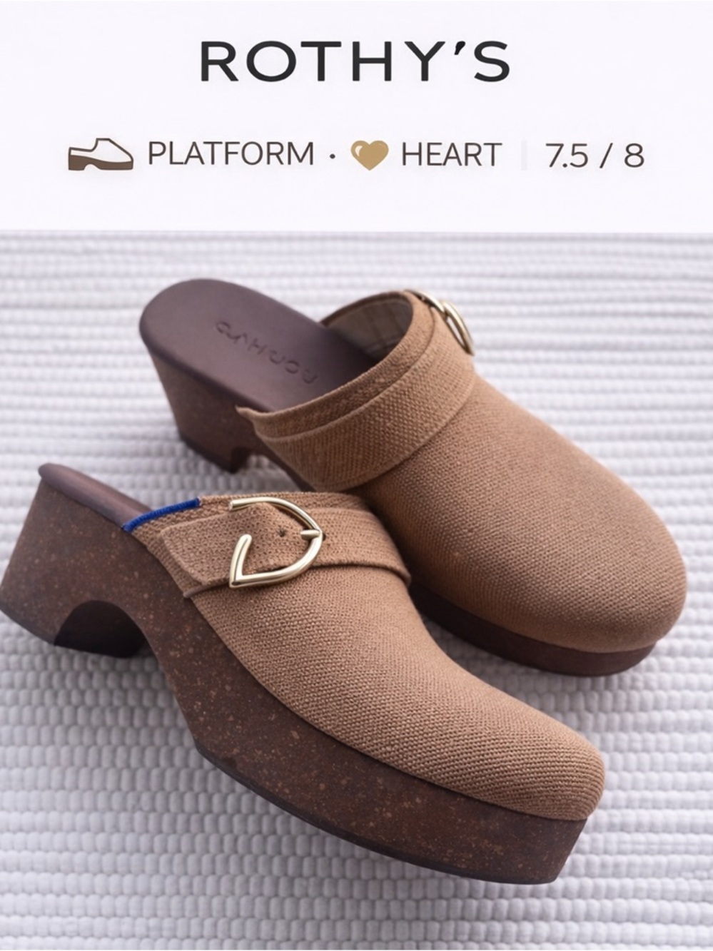 Rothy’s Platform Mule Clogs Heart Buckle Brown Knit Sizes 7.5 & 8